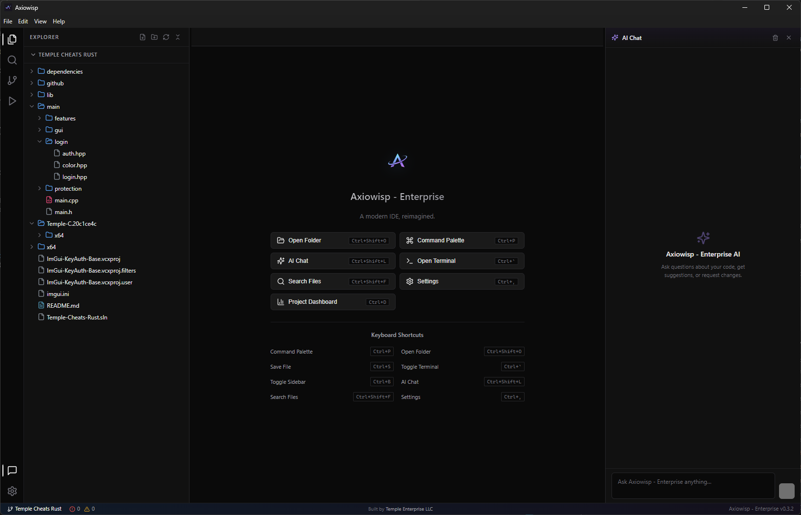 Axiowisp IDE — enterprise deployment with custom theme and AI features