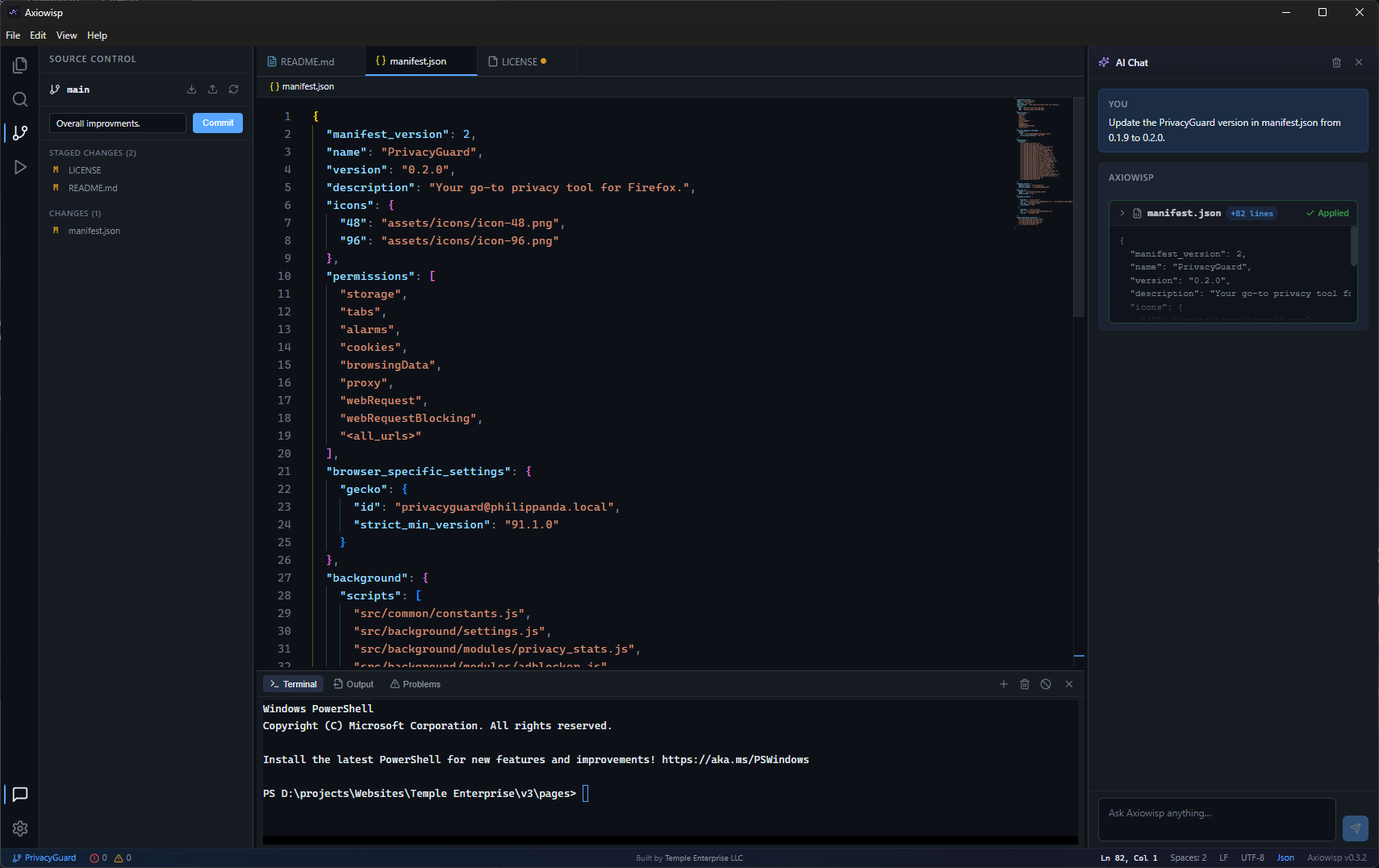 Axiowisp Git integration — staging, commit and push from sidebar